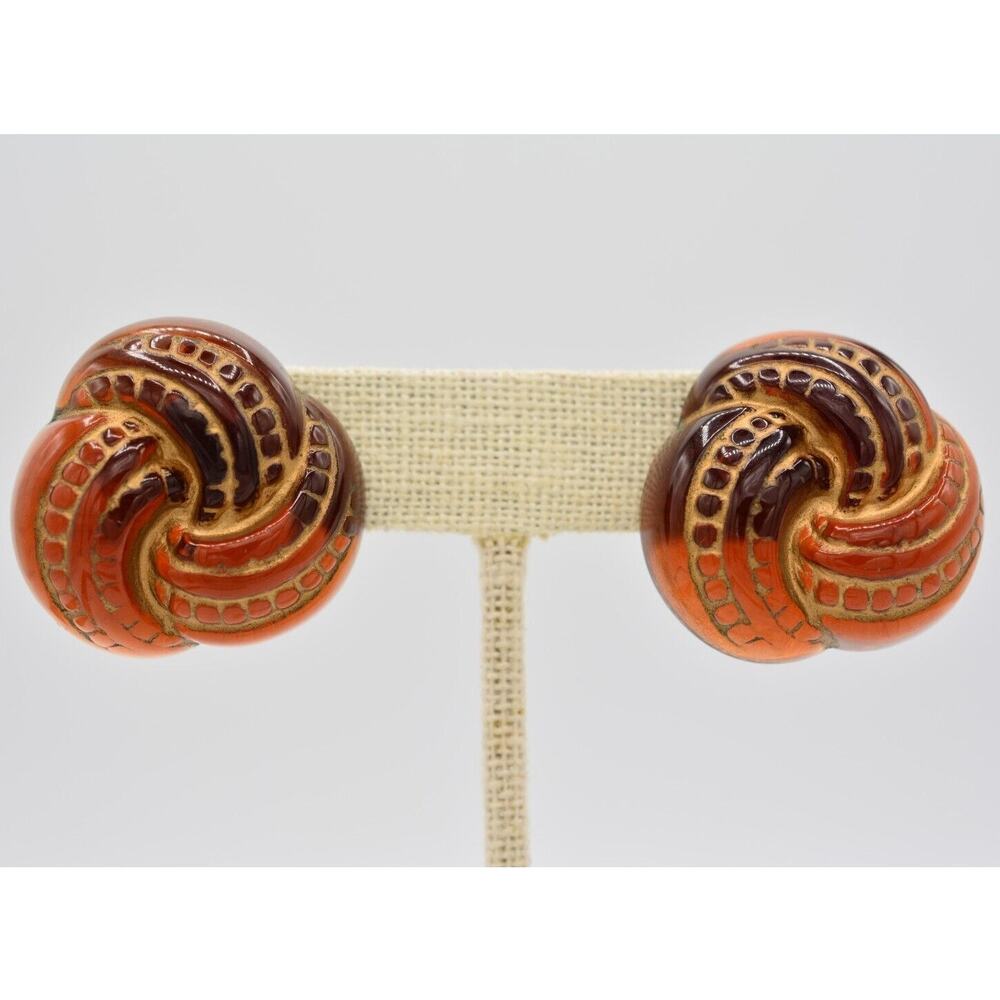 Vintage Lucite Earrings Tortoise Brushed Gold Chunky Knot Tie Bold 1980s BinAI